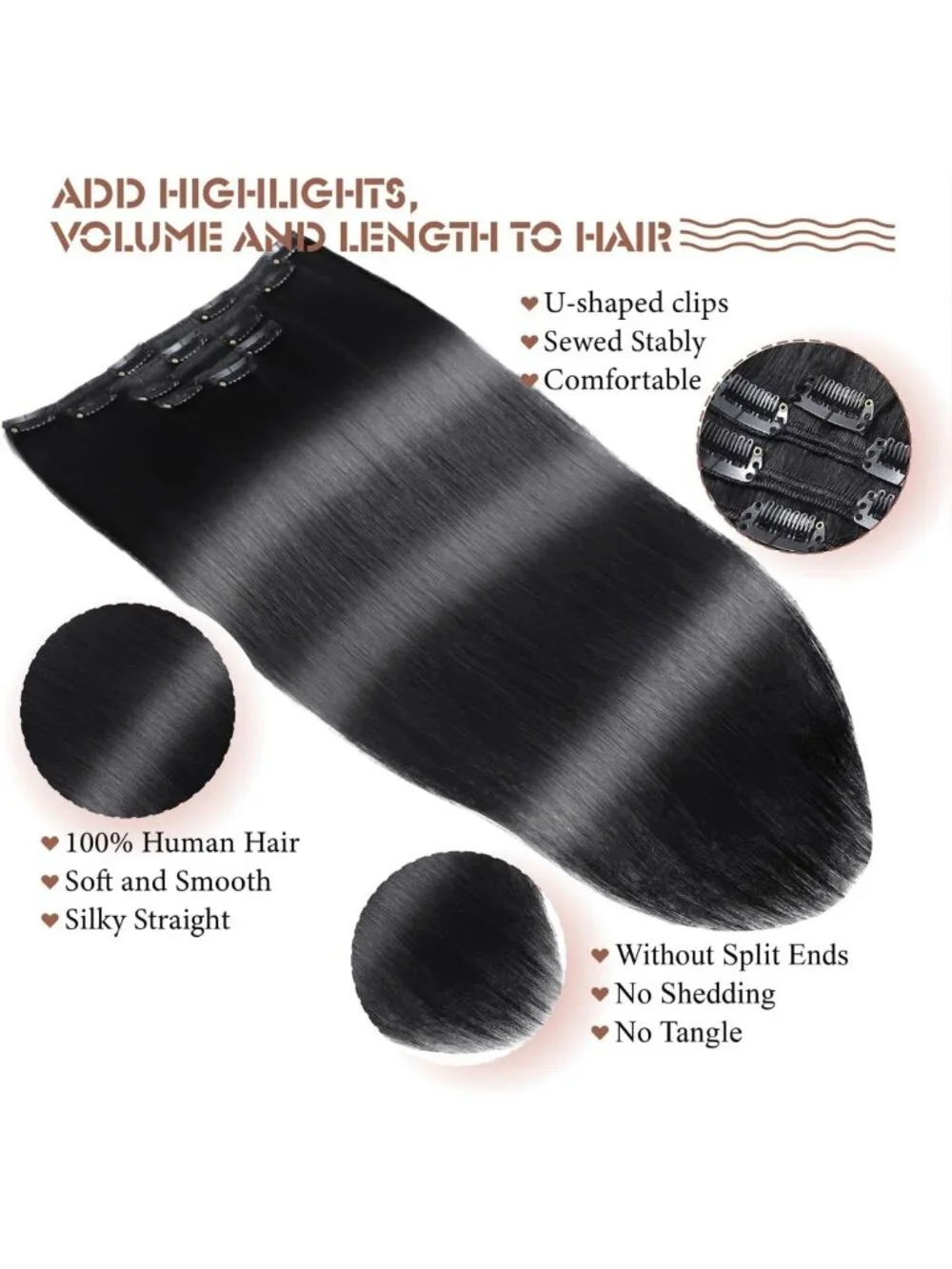 Real Human Hair Clip-In Extensions - Jet Black, Easy to Apply, Natural Look